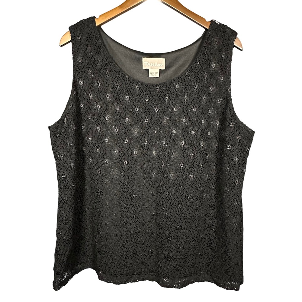 TanJay Black Lace Overlay Sleeveless Shell Top‎ XL Witchy Gothic Dark Feminine